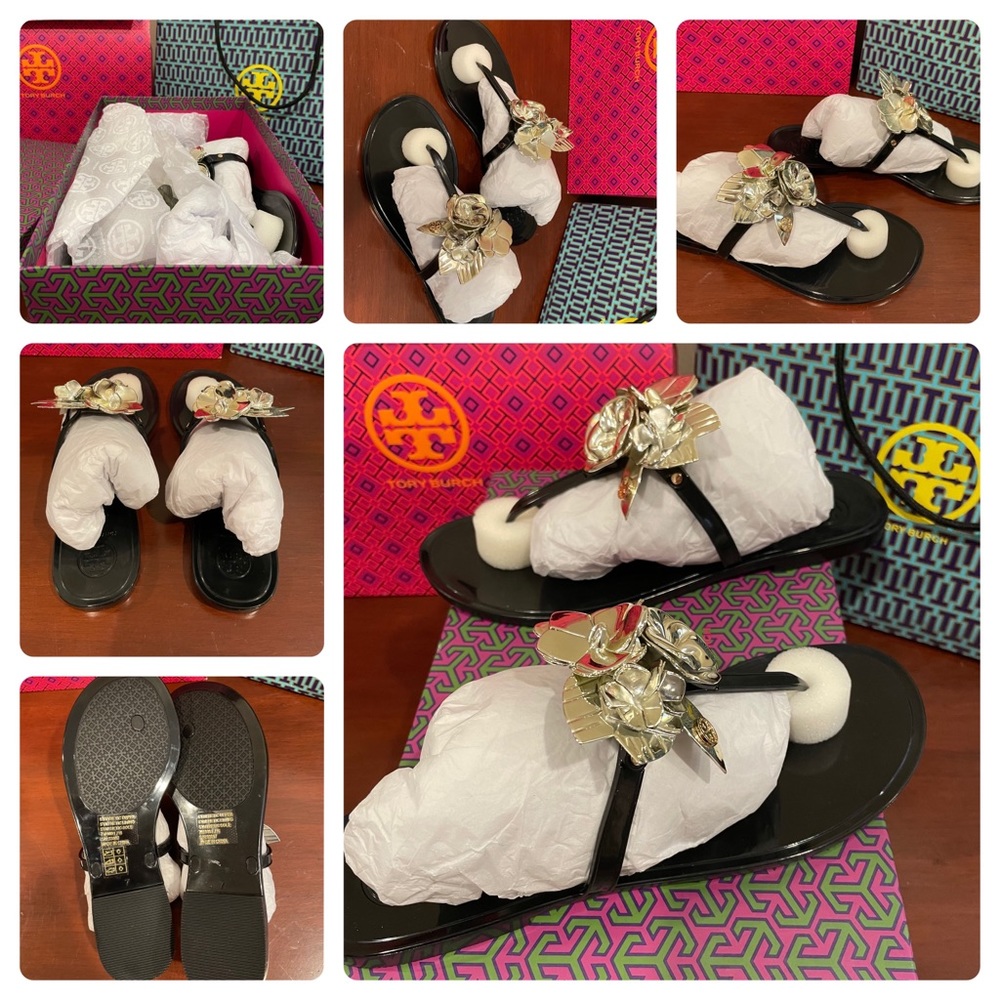 7 Tory Burch Blossom Jelly Thong Black/Spark Gold